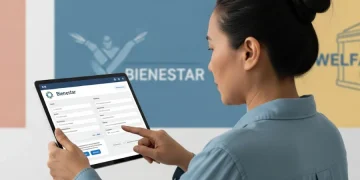 Mujer actualizando información en tableta en la plataforma “Bienestar” con el logo de fondo.