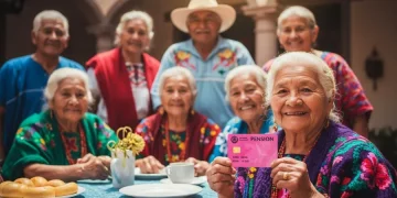 Mujer anciana sonriente sosteniendo una tarjeta rosa "PENSIÓN" de un programa social, con un grupo de personas mayores en el fondo.