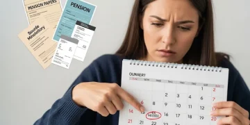 Mujer con expresión preocupada señalando un calendario con fecha "PERDIDA" y documentos de pensión flotando.