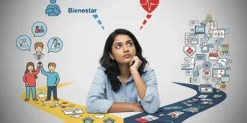 Mujer pensativa sentada en una encrucijada visual, con un camino que representa "Bienestar" (bienestar social) y el otro con íconos de salud y tecnología.